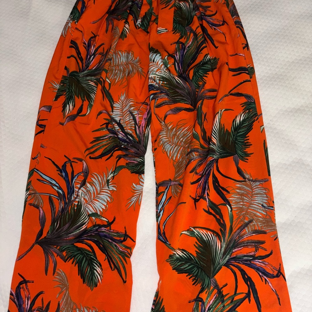 Vibrant Orange Tropical Print Pants